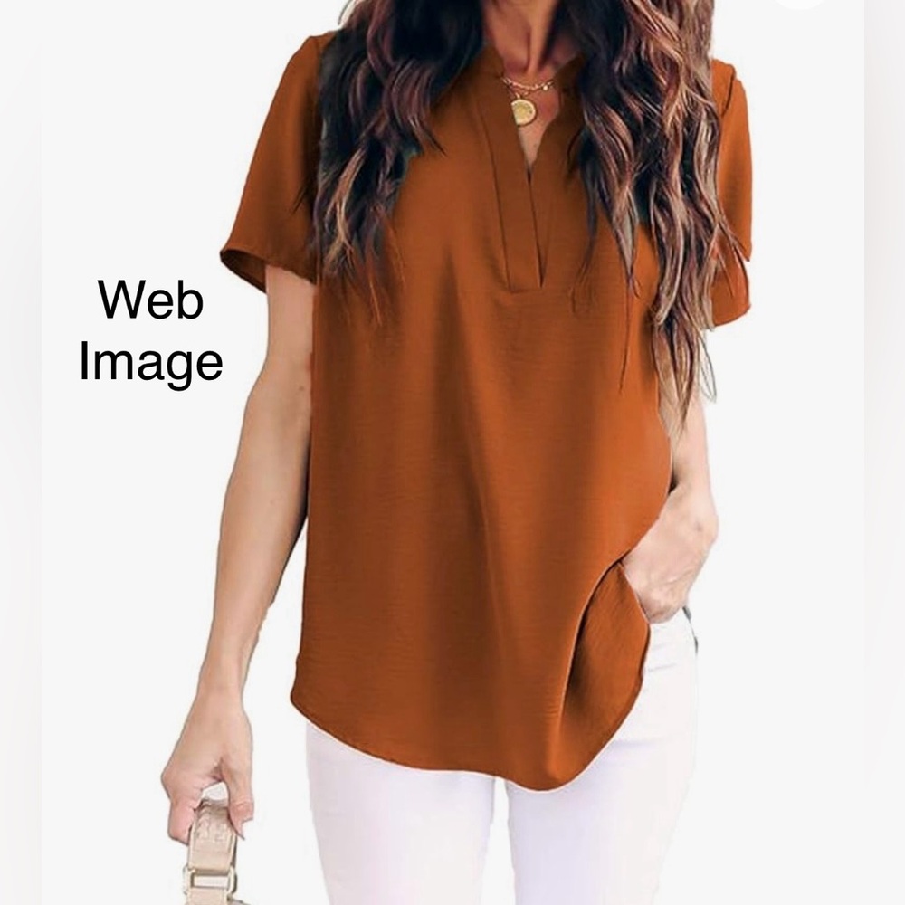 Allimy Split V-Neck Chiffon Loose Short Sleeve Top
